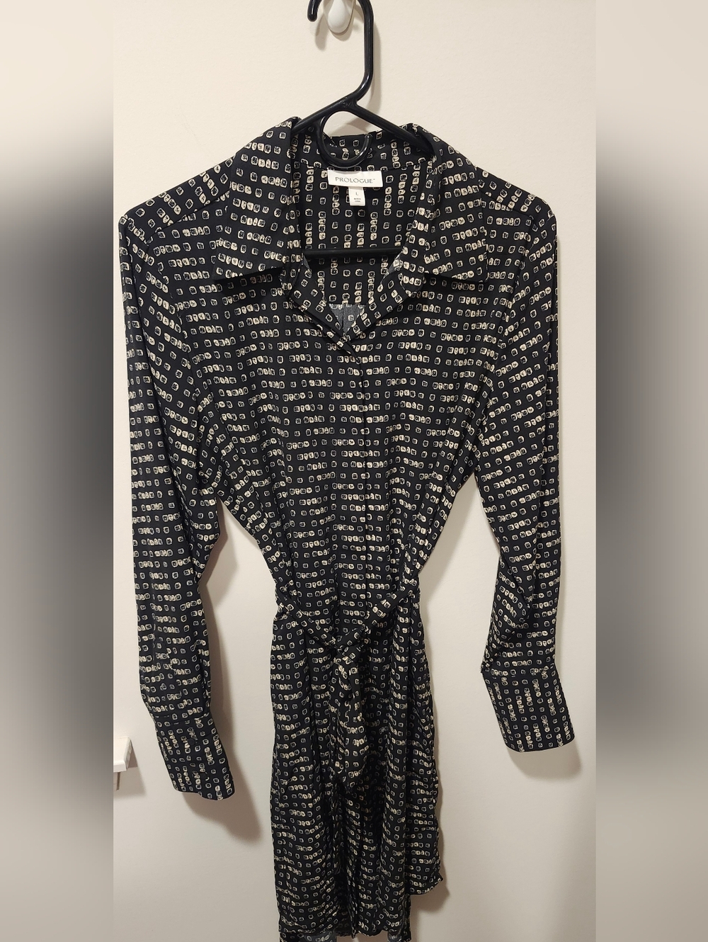 Prologue Black and White Printed Long-Sleeve Shirt Dress with Tie Waist